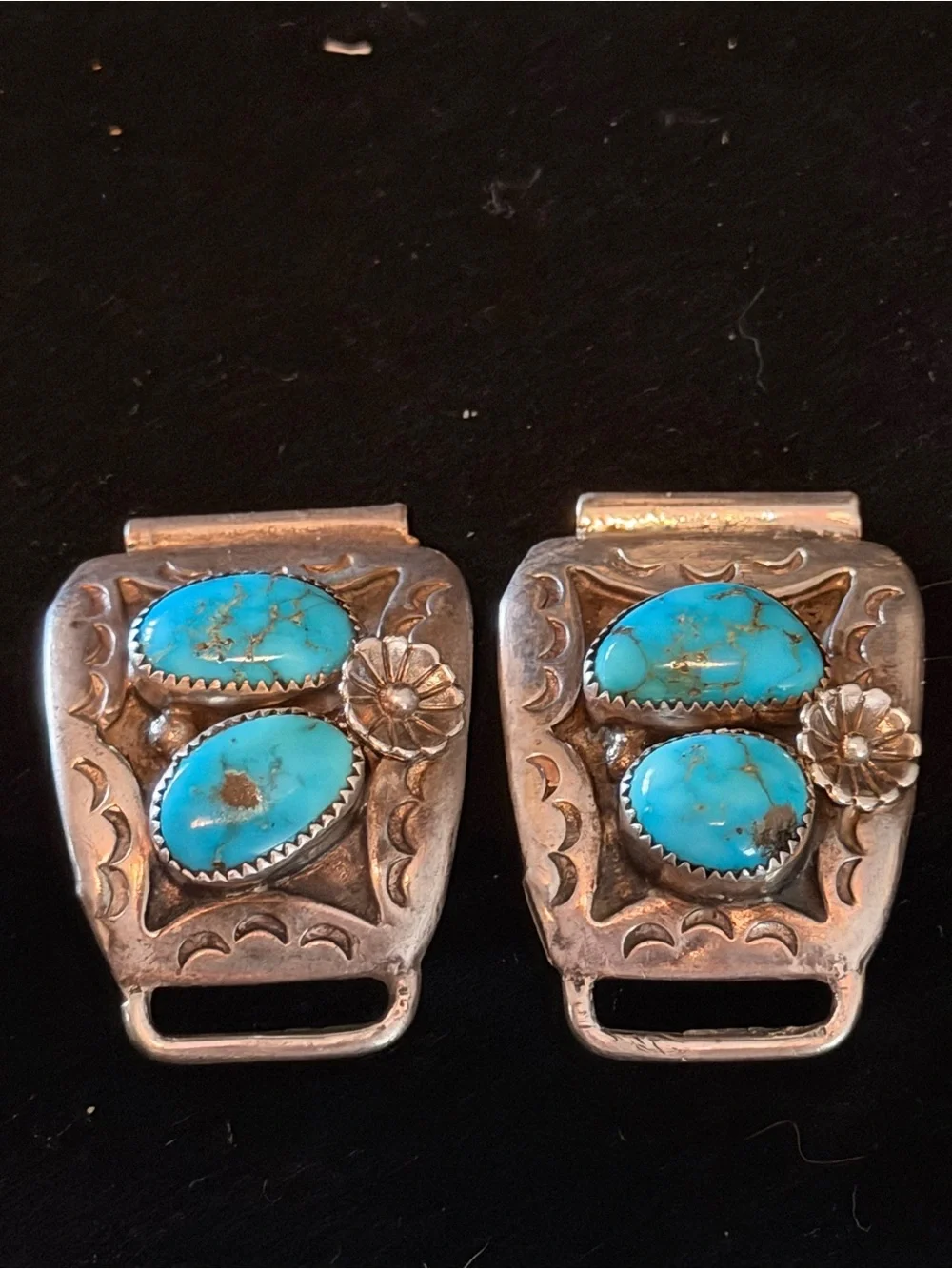 Beautiful Vintage Turquoise & Sterling Large Watch Band Tips